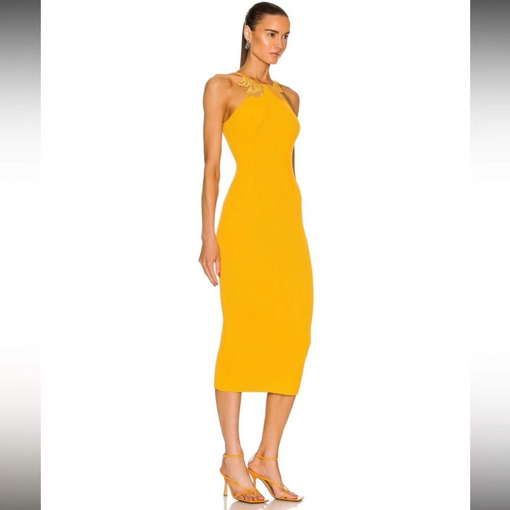Self-Portrait Canary Yellow Ribbed Knit Bodycon Midi Dress With Lace Size Small - Picture 14 of 14